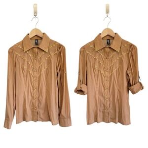 Vtg Love‎ Moschino Shirt Womens XL Tan Western Roll Tab Boho Cowgirl Lace Bling